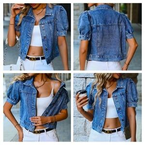 Blue Cropped Jean Jacket with Rolled Sleeves